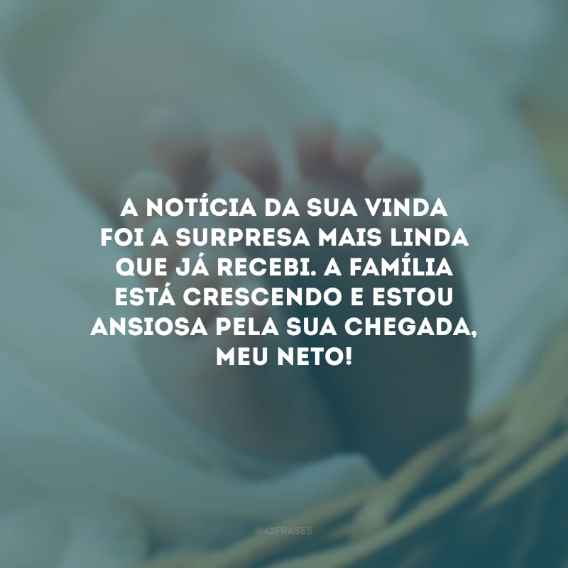 A notícia da sua vinda foi a surpresa mais linda que já recebi. A família está crescendo e estou ansiosa pela sua chegada, meu neto!