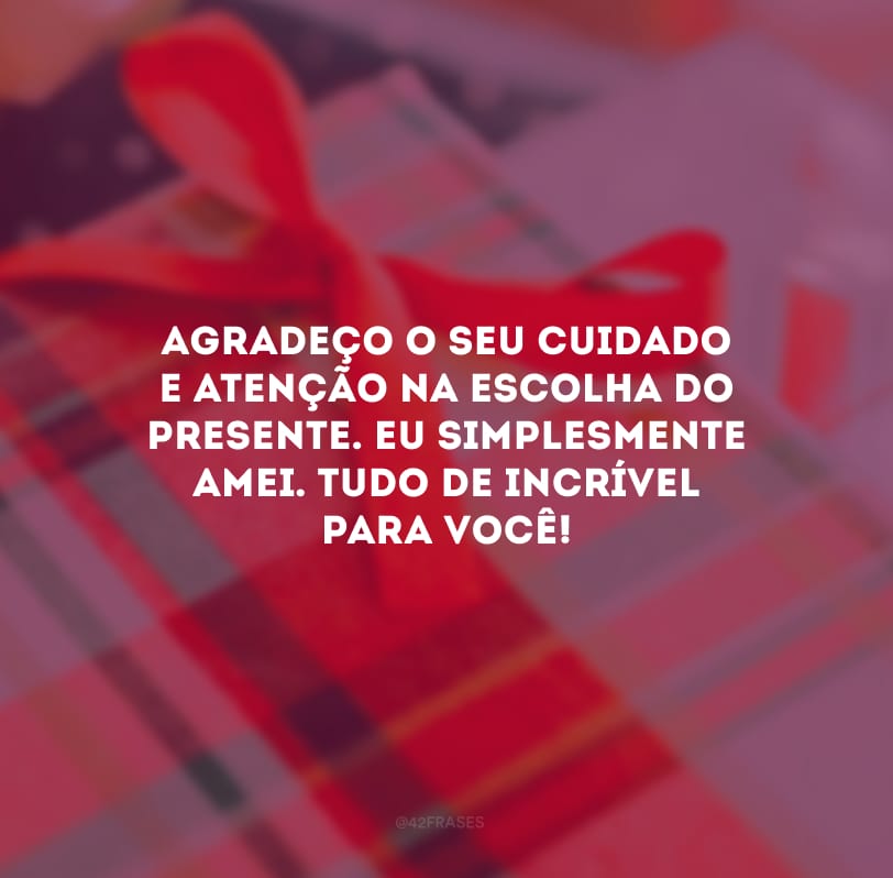 Agradeço o seu cuidado e atenção na escolha do presente. Eu simplesmente amei. Tudo de incrível para você!