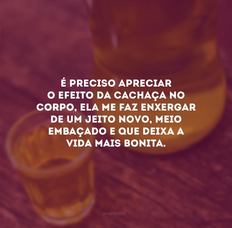 É preciso apreciar o efeito da cachaça no corpo, ela me faz enxergar de um jeito novo, meio embaçado e que deixa a vida mais bonita.