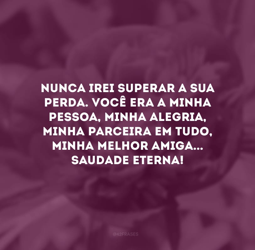 Nunca irei superar a sua perda. Você era a minha pessoa, minha alegria, minha parceira em tudo, minha melhor amiga... Saudade eterna! 