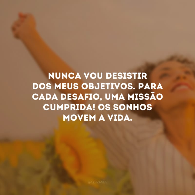 Nunca vou desistir dos meus objetivos. Para cada desafio, uma missão cumprida! Os sonhos movem a vida.