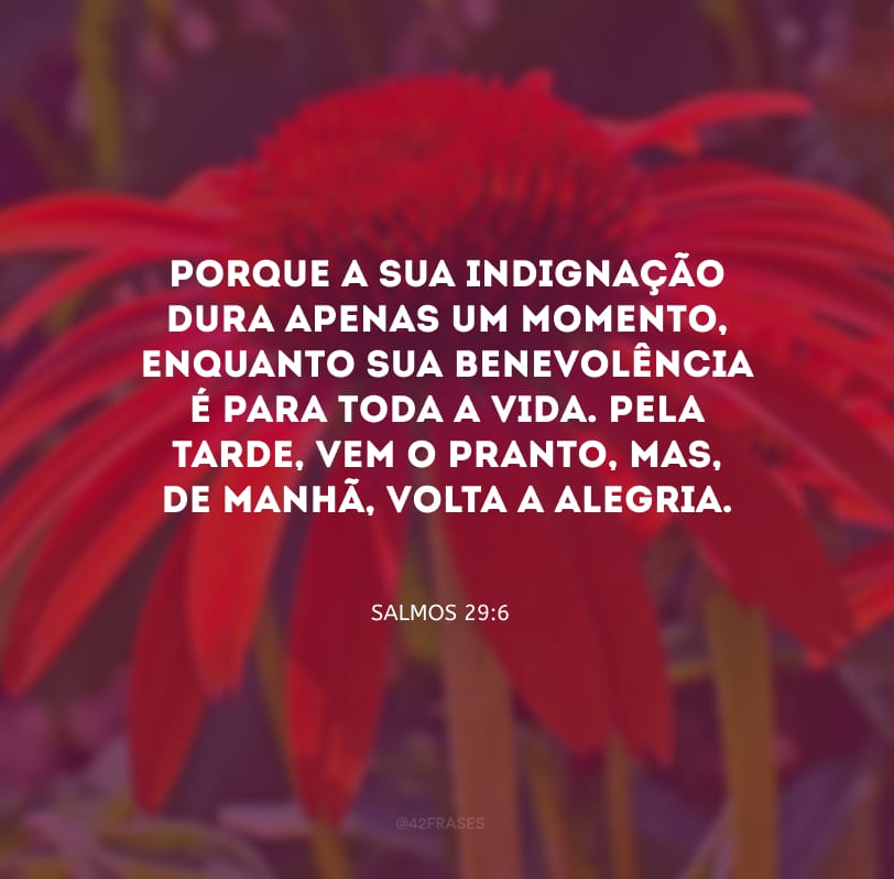 Porque a sua indignação dura apenas um momento, enquanto sua benevolência é para toda a vida. Pela tarde, vem o pranto, mas, de manhã, volta a alegria.