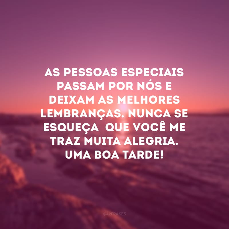 As pessoas especiais passam por nós e deixam as melhores lembranças. Nunca se esqueça  que você me traz muita alegria. Uma boa tarde!