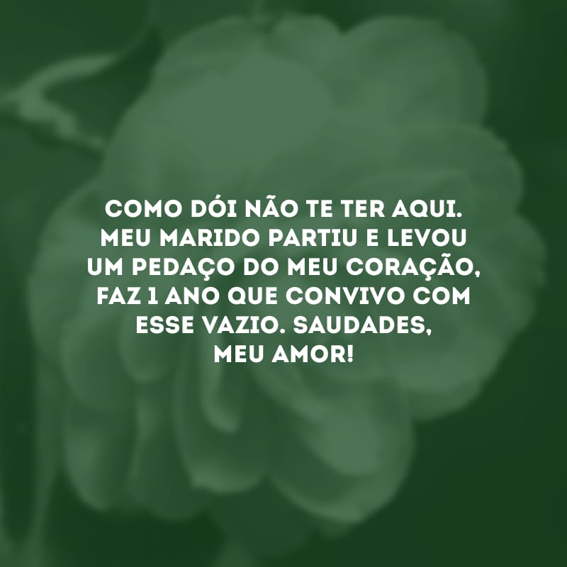 Como dói não te ter aqui. Meu marido partiu e levou um pedaço do meu coração, faz 1 ano que convivo com esse vazio. Saudades, meu amor!