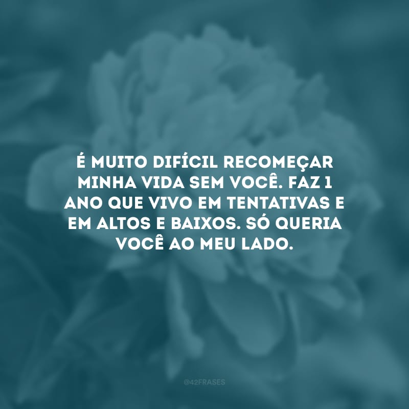 É muito difícil recomeçar minha vida sem você. Faz 1 ano que vivo em tentativas e em altos e baixos. Só queria você ao meu lado.