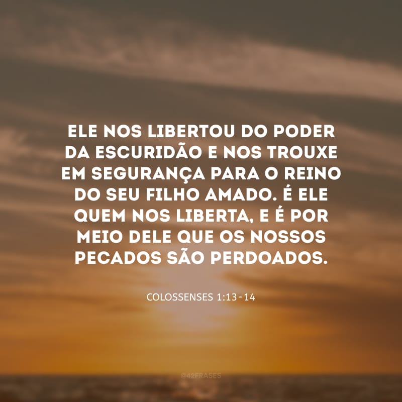 Ele nos libertou do poder da escuridão e nos trouxe em segurança para o Reino do seu Filho amado. É ele quem nos liberta, e é por meio dele que os nossos pecados são perdoados. 