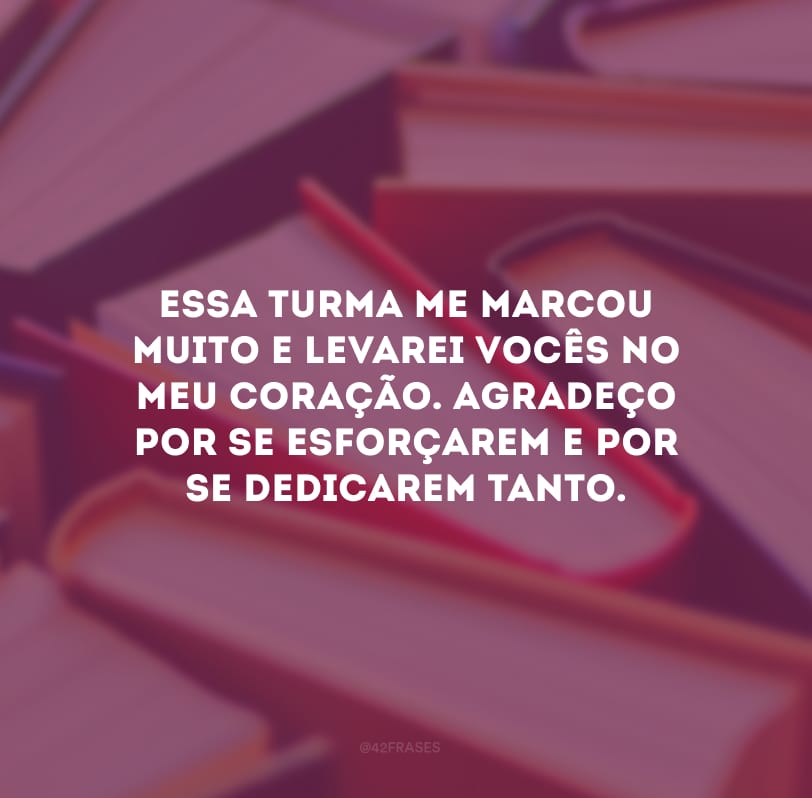 Essa turma me marcou muito e levarei vocês no meu coração. Agradeço por se esforçarem e por se dedicarem tanto.