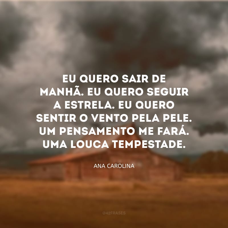 Eu quero sair de manhã. Eu quero seguir a estrela. Eu quero sentir o vento pela pele. Um pensamento me fará. Uma louca tempestade.