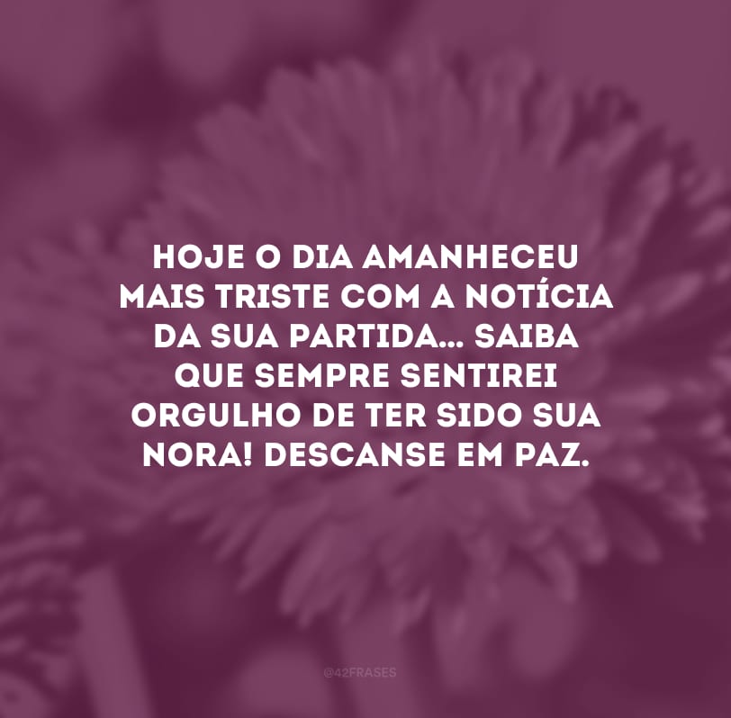 Hoje o dia amanheceu mais triste com a notícia da sua partida… Saiba que sempre sentirei orgulho de ter sido sua nora! Descanse em paz.
