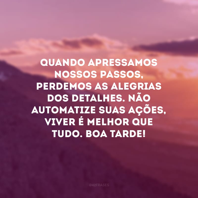 Quando apressamos nossos passos, perdemos as alegrias dos detalhes. Não automatize suas ações, viver é melhor que tudo. Boa tarde!