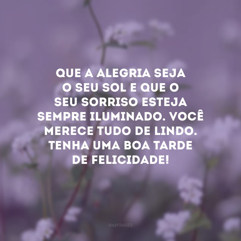 Que a alegria seja o seu sol e que o seu sorriso esteja sempre iluminado. Você merece tudo de lindo. Tenha uma boa tarde de felicidade!