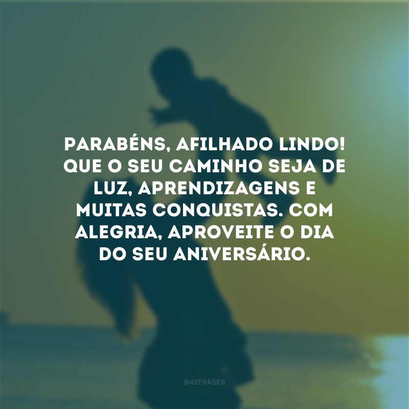 Parabéns, afilhado lindo! Que o seu caminho seja de luz, aprendizagens e muitas conquistas. Com alegria, aproveite o dia do seu aniversário.