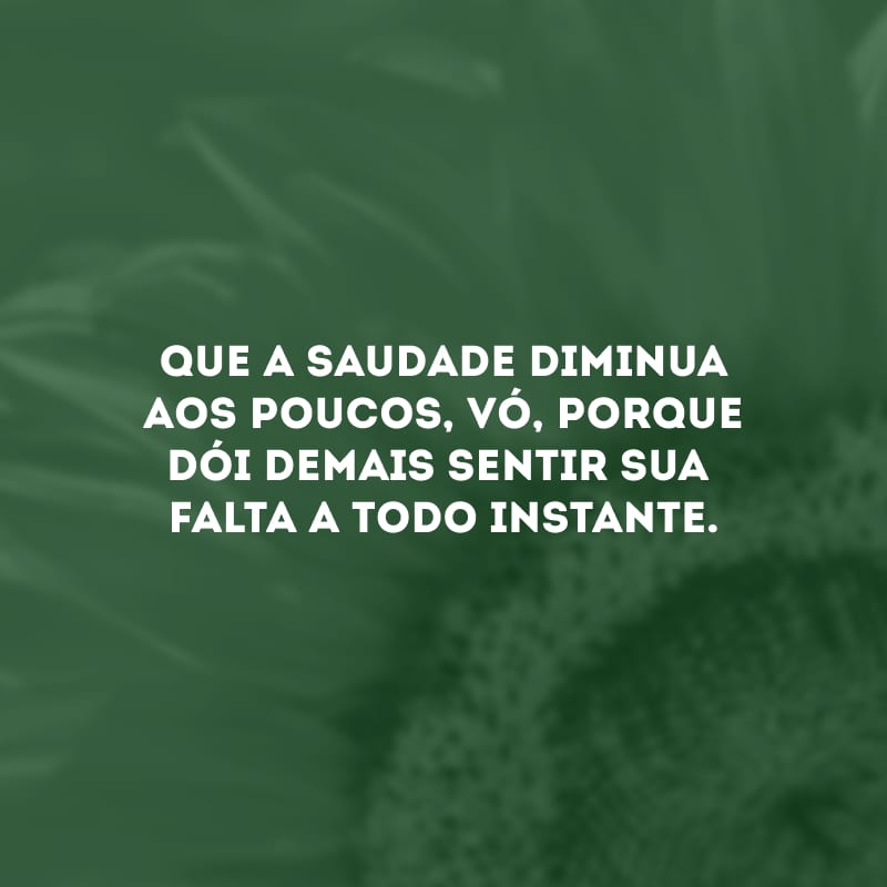 Que a saudade diminua aos poucos, vó, porque dói demais sentir sua falta a todo instante.