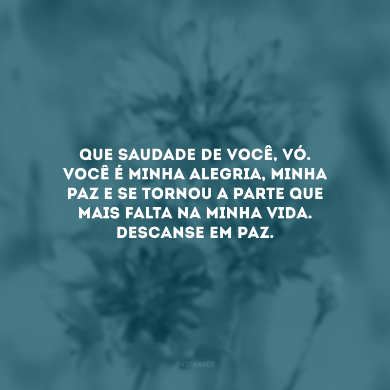 Que saudade de você, vó. Você é minha alegria, minha paz e se tornou a parte que mais falta na minha vida. Descanse em paz.