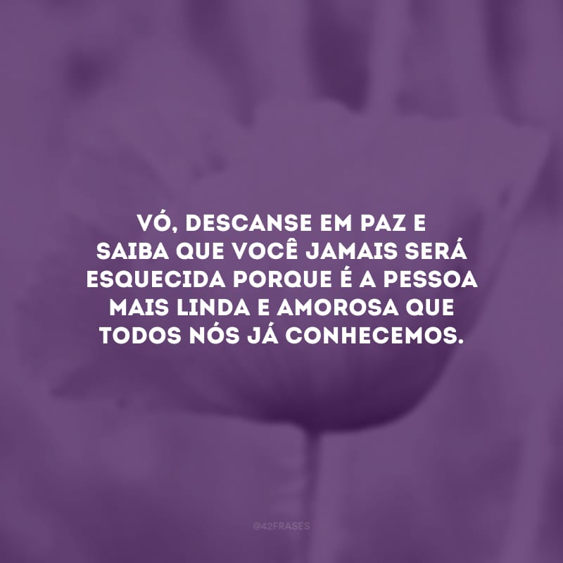 Vó, descanse em paz e saiba que você jamais será esquecida porque é a pessoa mais linda e amorosa que todos nós já conhecemos.