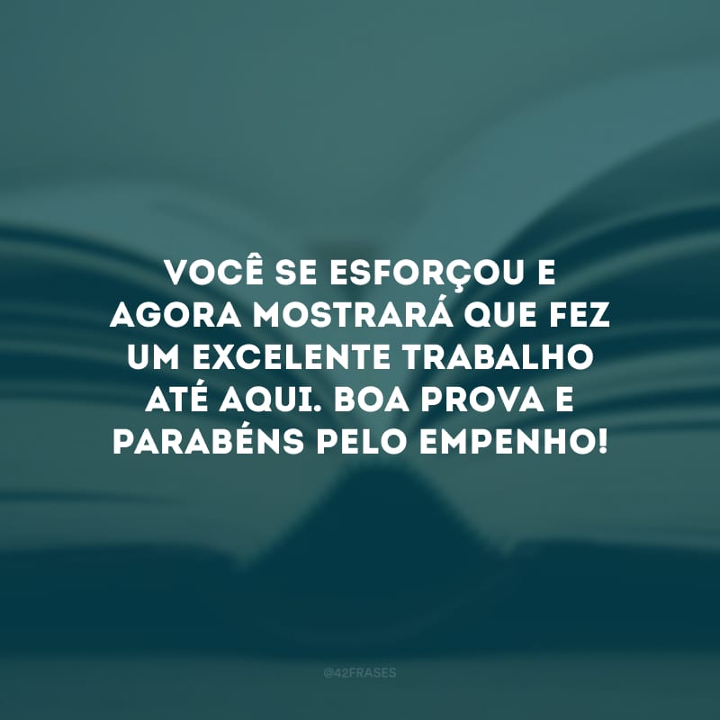 Você se esforçou e agora mostrará que fez um excelente trabalho até aqui. Boa prova e parabéns pelo empenho!