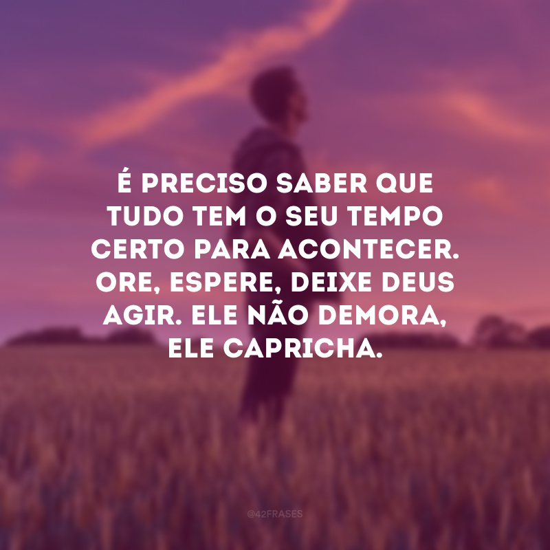 É preciso saber que tudo tem o seu tempo certo para acontecer. Ore, espere, deixe Deus agir. Ele não demora, Ele capricha. 