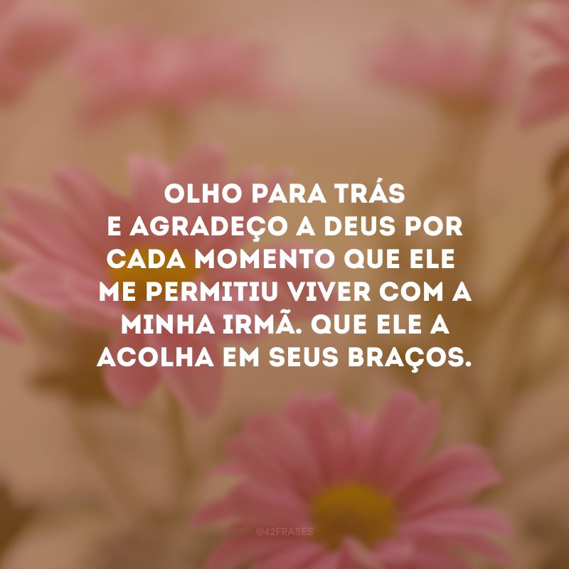 Olho para trás e agradeço a Deus por cada momento que Ele me permitiu viver com a minha irmã. Que Ele a acolha em seus braços.