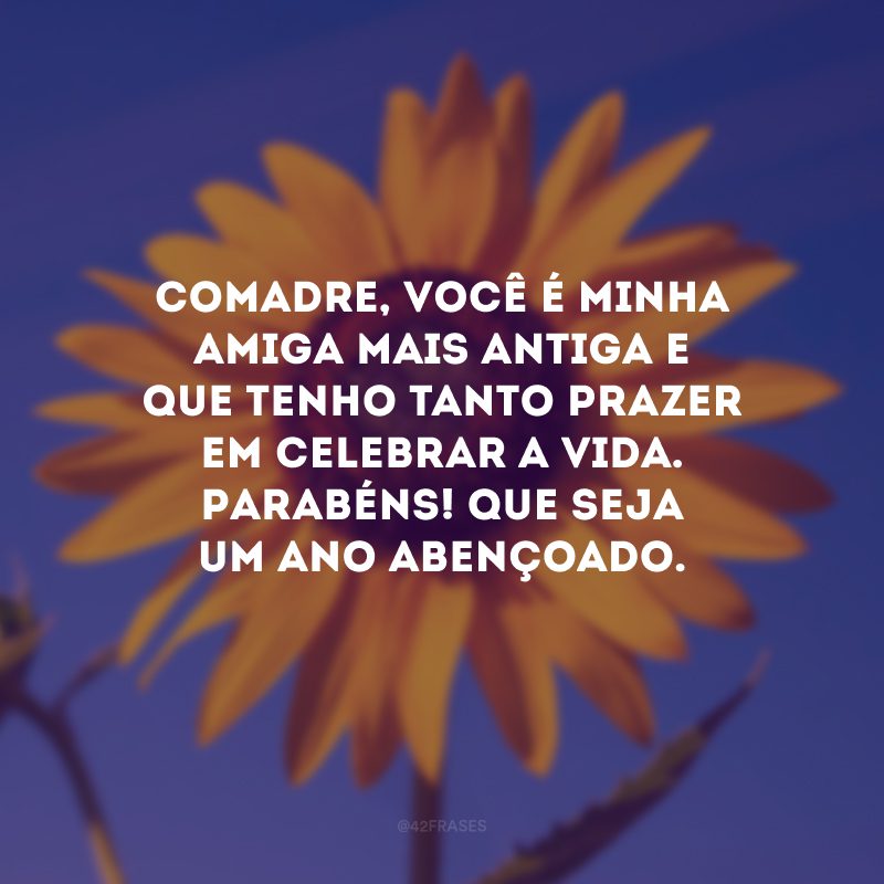 Comadre, você é minha amiga mais antiga e que tenho tanto prazer em celebrar a vida. Parabéns! Que seja um ano abençoado.