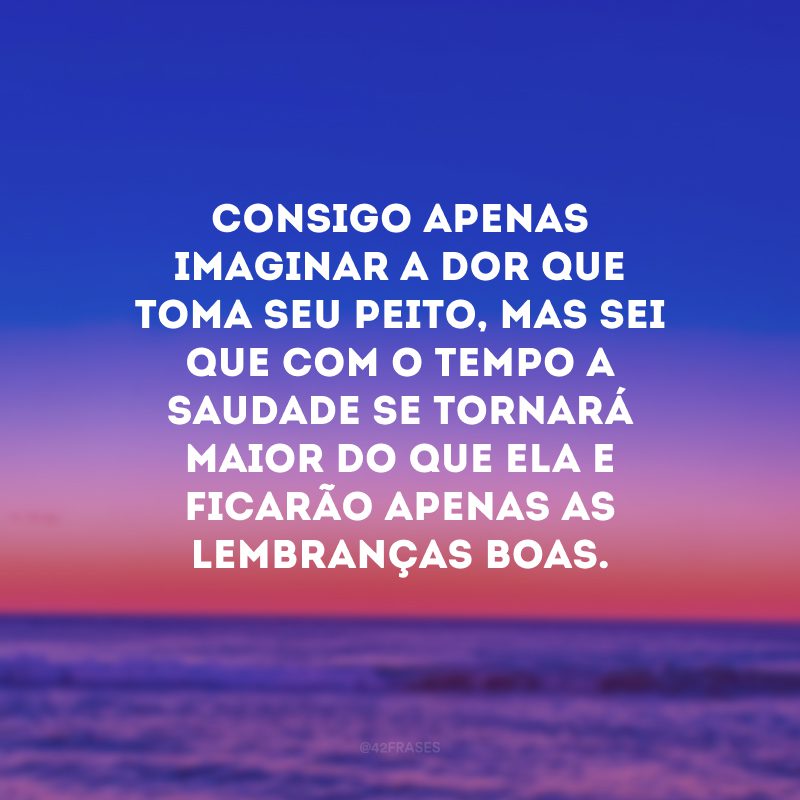 Consigo apenas imaginar a dor que toma seu peito, mas sei que com o tempo a saudade se tornará maior do que ela e ficarão apenas as lembranças boas.