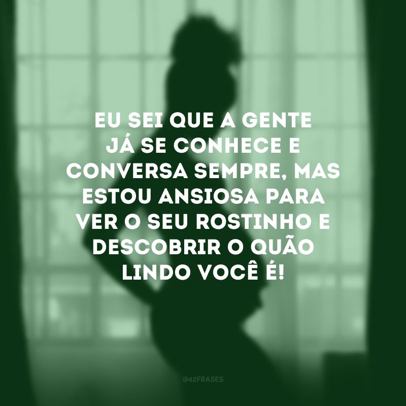 Eu sei que a gente já se conhece e conversa sempre, mas estou ansiosa para ver o seu rostinho e descobrir o quão lindo você é!