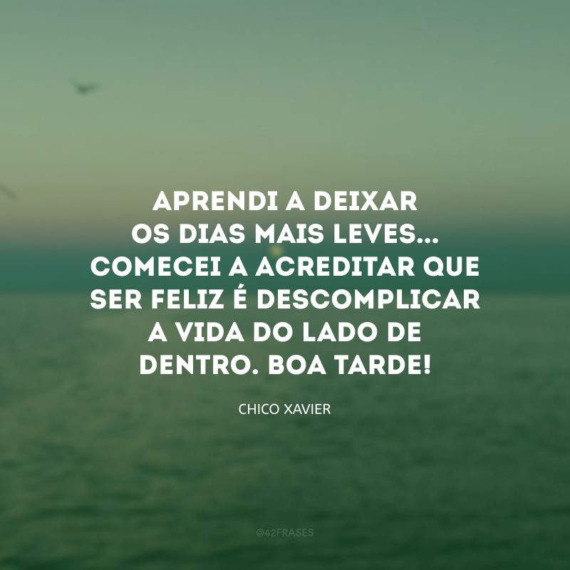 Aprendi a deixar os dias mais leves... Comecei a acreditar que ser feliz é descomplicar a vida do lado de dentro. Boa tarde!