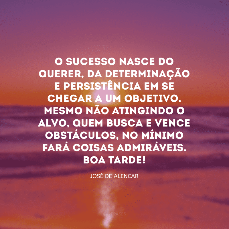 O sucesso nasce do querer, da determinação e persistência em se chegar a um objetivo. Mesmo não atingindo o alvo, quem busca e vence obstáculos, no mínimo fará coisas admiráveis. Boa tarde!