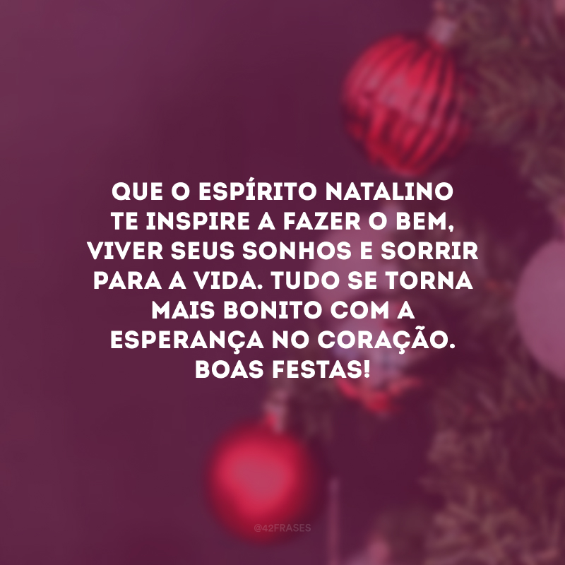 Que o espírito natalino te inspire a fazer o bem, viver seus sonhos e sorrir para a vida. Tudo se torna mais bonito com a esperança no coração. Boas festas!