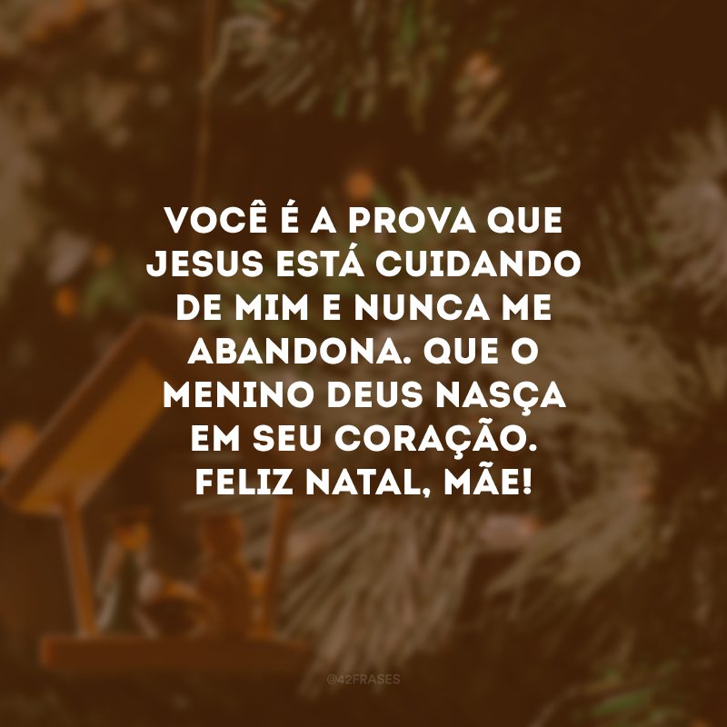 Você é a prova que Jesus está cuidando de mim e nunca me abandona. Que o Menino Deus nasça em seu coração. Feliz Natal, mãe!