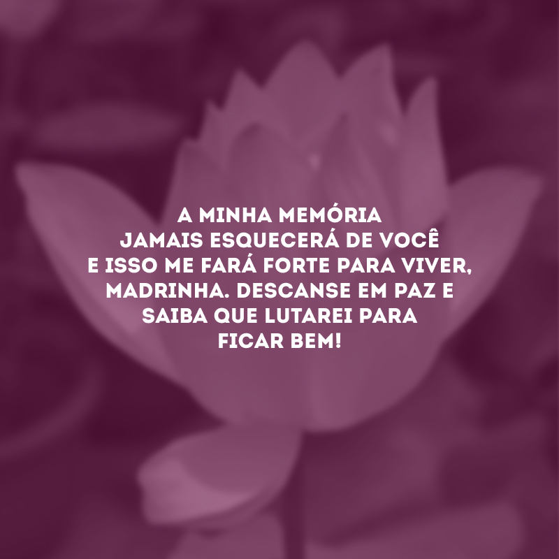 A minha memória jamais esquecerá de você e isso me fará forte para viver, madrinha. Descanse em paz e saiba que lutarei para ficar bem!