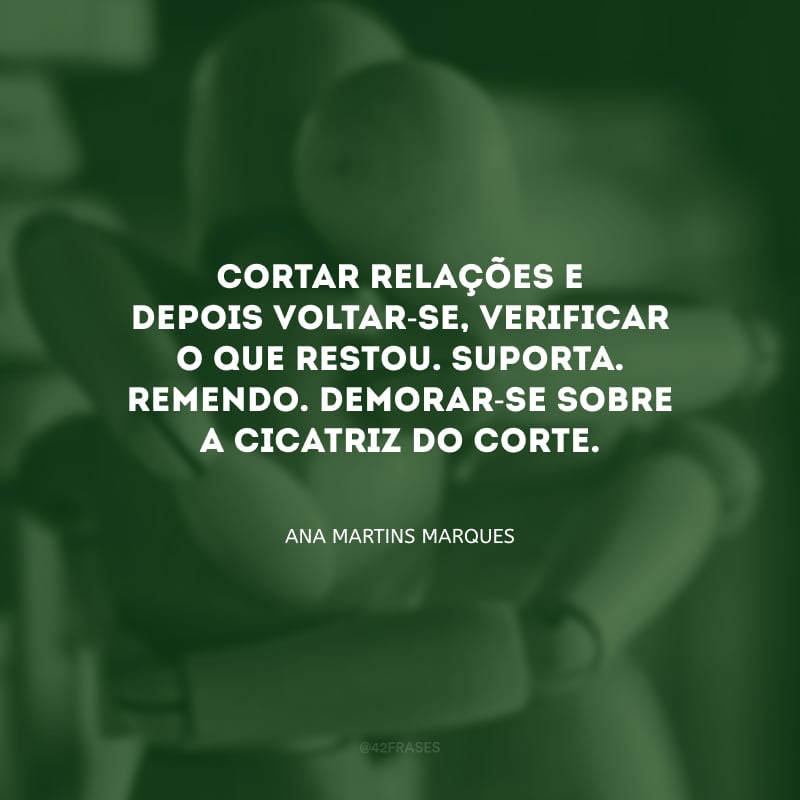 Cortar relações e depois voltar-se, verificar o que restou. Suporta. Remendo. Demorar-se sobre a cicatriz do corte. 