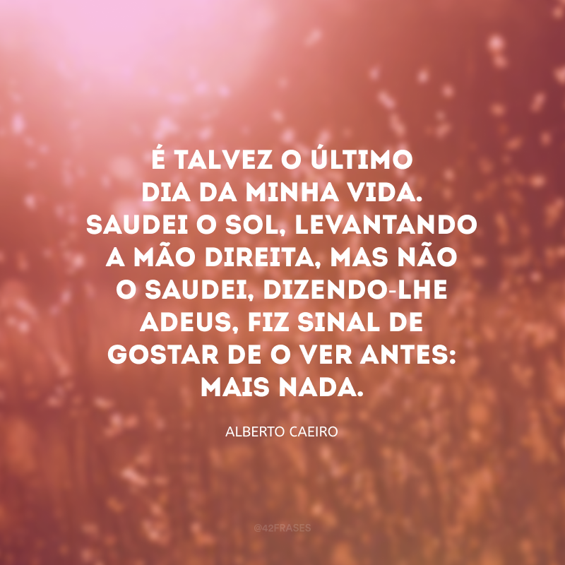 É talvez o último dia da minha vida. Saudei o sol, levantando a mão direita, mas não o saudei, dizendo-lhe adeus, fiz sinal de gostar de o ver antes: mais nada.