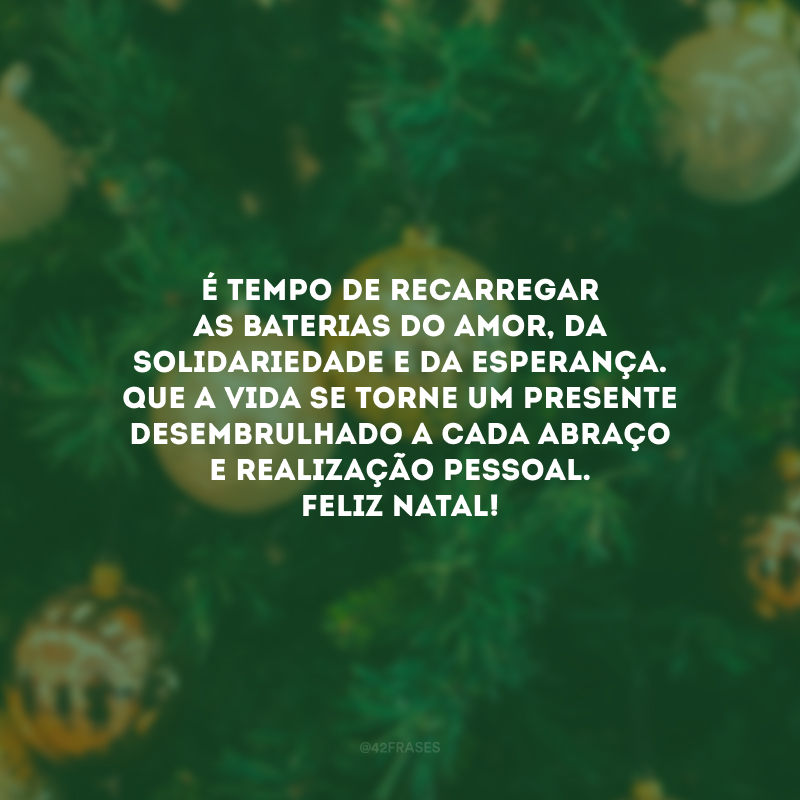 É tempo de recarregar as baterias do amor, da solidariedade e da esperança. Que a vida se torne um presente desembrulhado a cada abraço e realização pessoal. Feliz Natal!