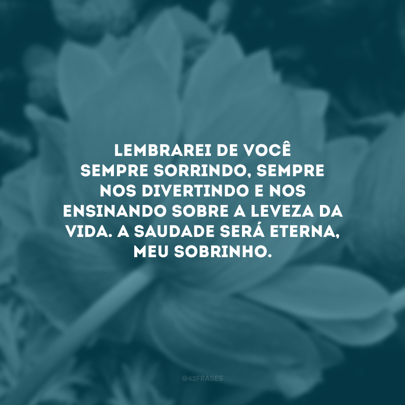 Lembrarei de você sempre sorrindo, sempre nos divertindo e nos ensinando sobre a leveza da vida. A saudade será eterna, meu sobrinho.