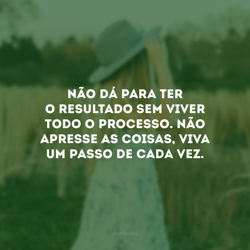 Não dá para ter o resultado sem viver todo o processo. Não apresse as coisas, viva um passo de cada vez.