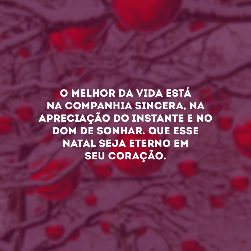 O melhor da vida está na companhia sincera, na apreciação do instante e no dom de sonhar. Que esse Natal seja eterno em seu coração.