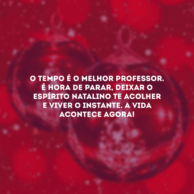 O tempo é o melhor professor. É hora de parar, deixar o espírito natalino te acolher e viver o instante. A vida acontece agora! 