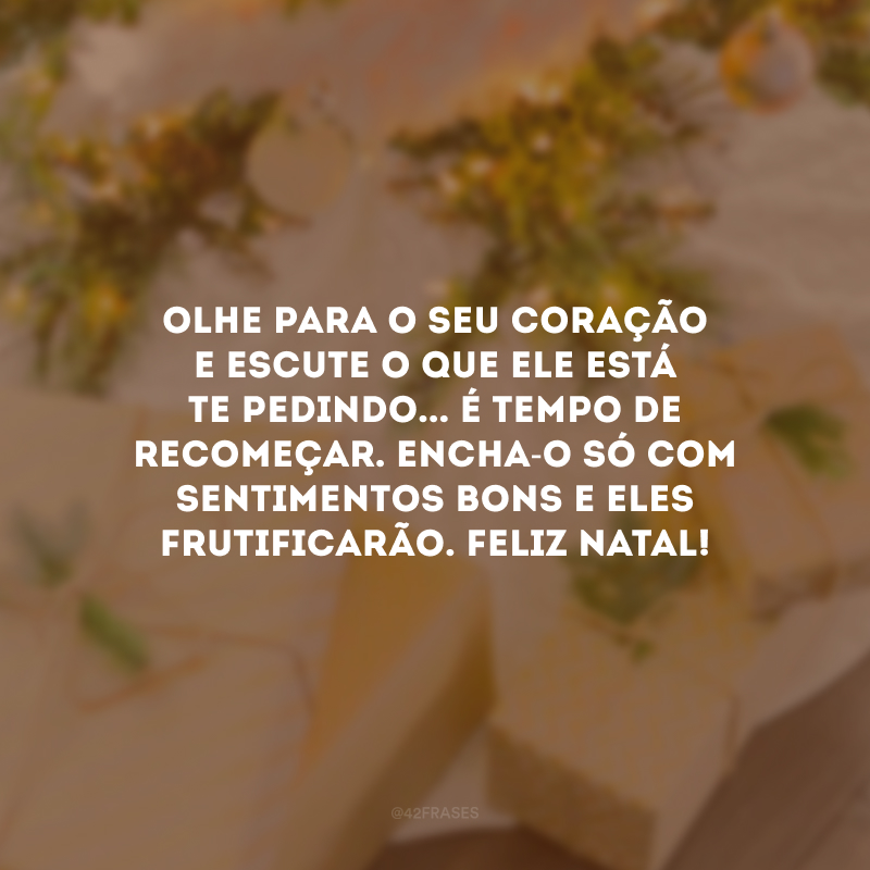 Olhe para o seu coração e escute o que ele está te pedindo... É tempo de recomeçar. Encha-o só com sentimentos bons e eles frutificarão. Feliz Natal!