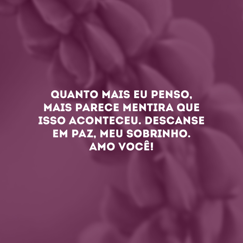 Quanto mais eu penso, mais parece mentira que isso aconteceu. Descanse em paz, meu sobrinho. Amo você!