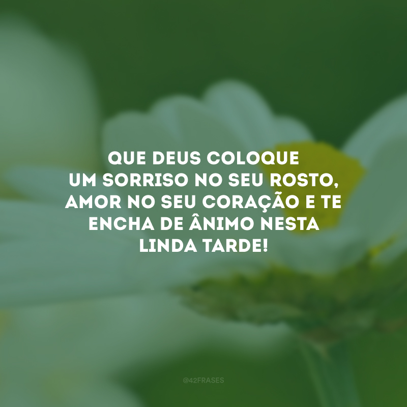 Que Deus coloque um sorriso no seu rosto, amor no seu coração e te encha de ânimo nesta linda tarde!