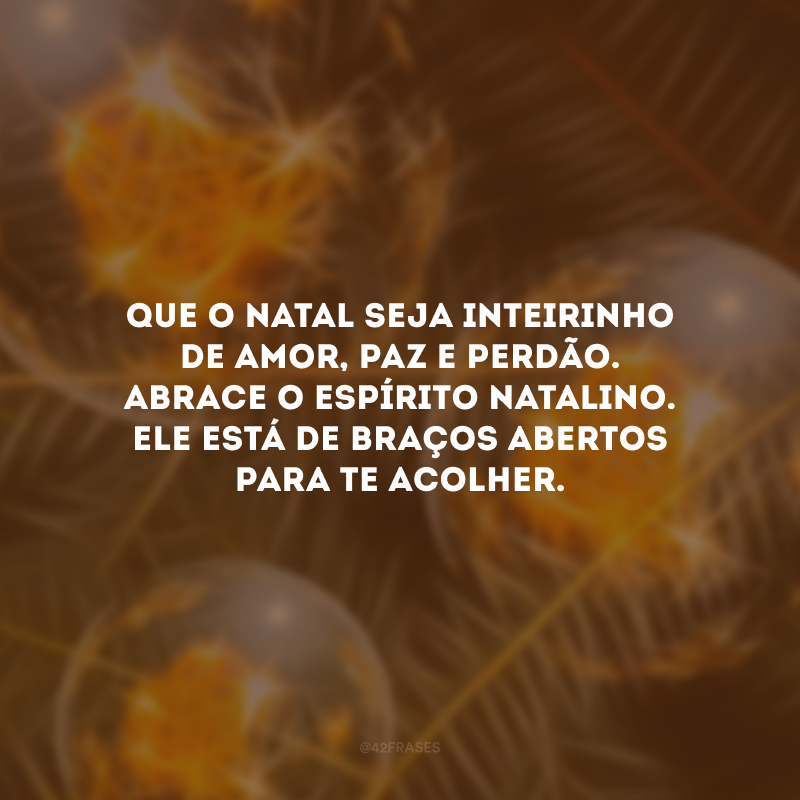 Que o Natal seja inteirinho de amor, paz e perdão. Abrace o espírito natalino.  Ele está de braços abertos para te acolher.