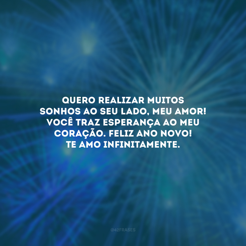 Quero realizar muitos sonhos ao seu lado, meu amor! Você traz esperança ao meu coração. Feliz Ano Novo! Te amo infinitamente.