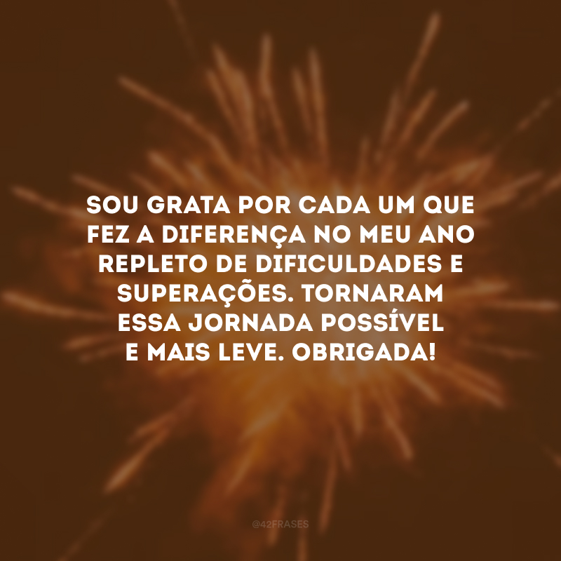 Sou grata por cada um que fez a diferença no meu ano repleto de dificuldades e superações. Tornaram essa jornada possível e mais leve. Obrigada!