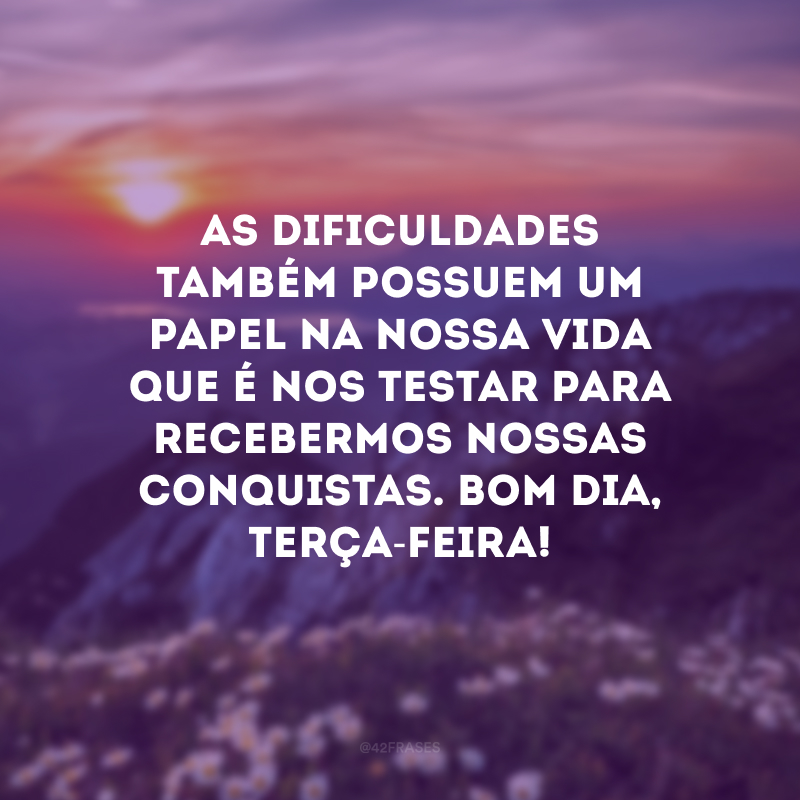 As dificuldades também possuem um papel na nossa vida que é nos testar para recebermos nossas conquistas. Bom dia, terça-feira!