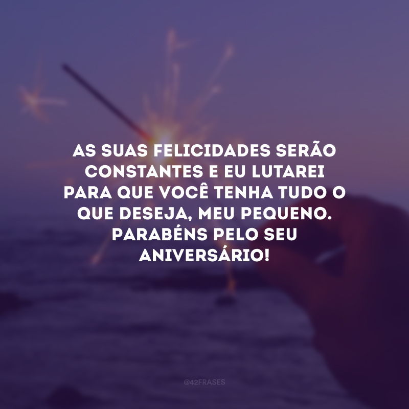 As suas felicidades serão constantes e eu lutarei para que você tenha tudo o que deseja, meu pequeno. Parabéns pelo seu aniversário!