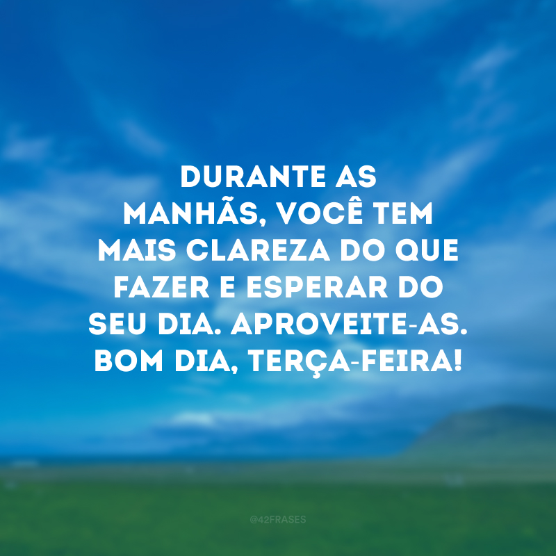 Durante as manhãs, você tem mais clareza do que fazer e esperar do seu dia. Aproveite-as. Bom dia, terça-feira!