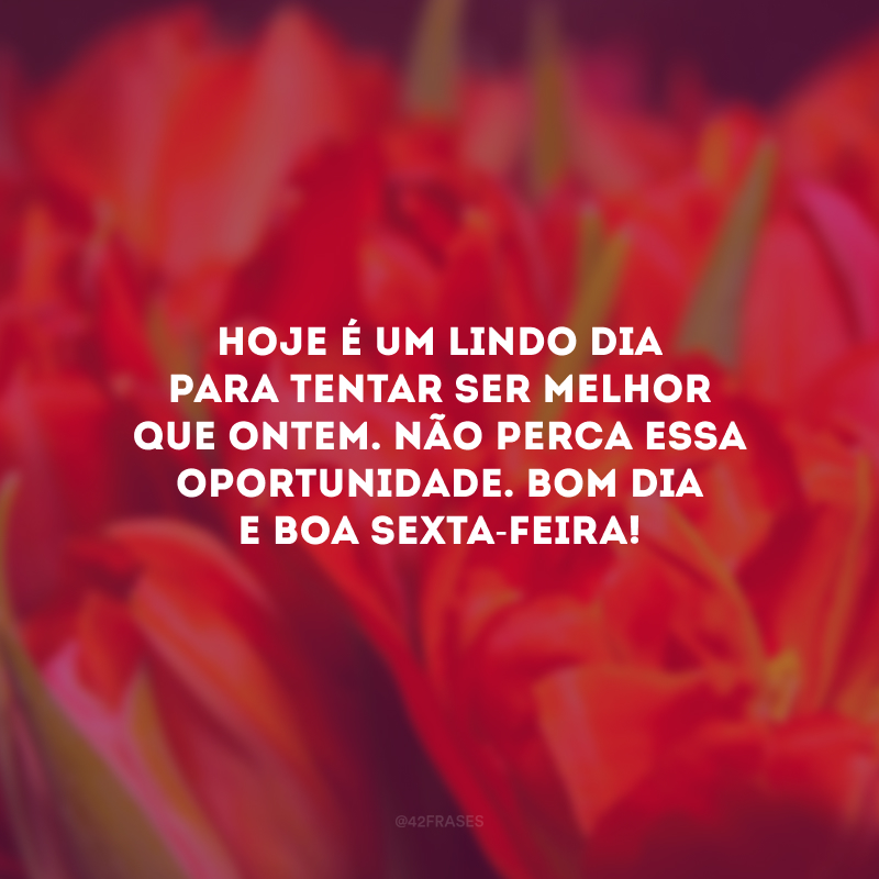 Hoje é um lindo dia para tentar ser melhor que ontem. Não perca essa oportunidade. Bom dia e boa sexta-feira!