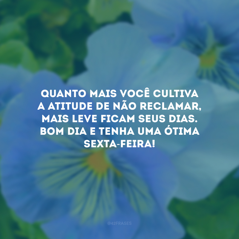 Quanto mais você cultiva a atitude de não reclamar, mais leve ficam seus dias. Bom dia e tenha uma ótima sexta-feira!