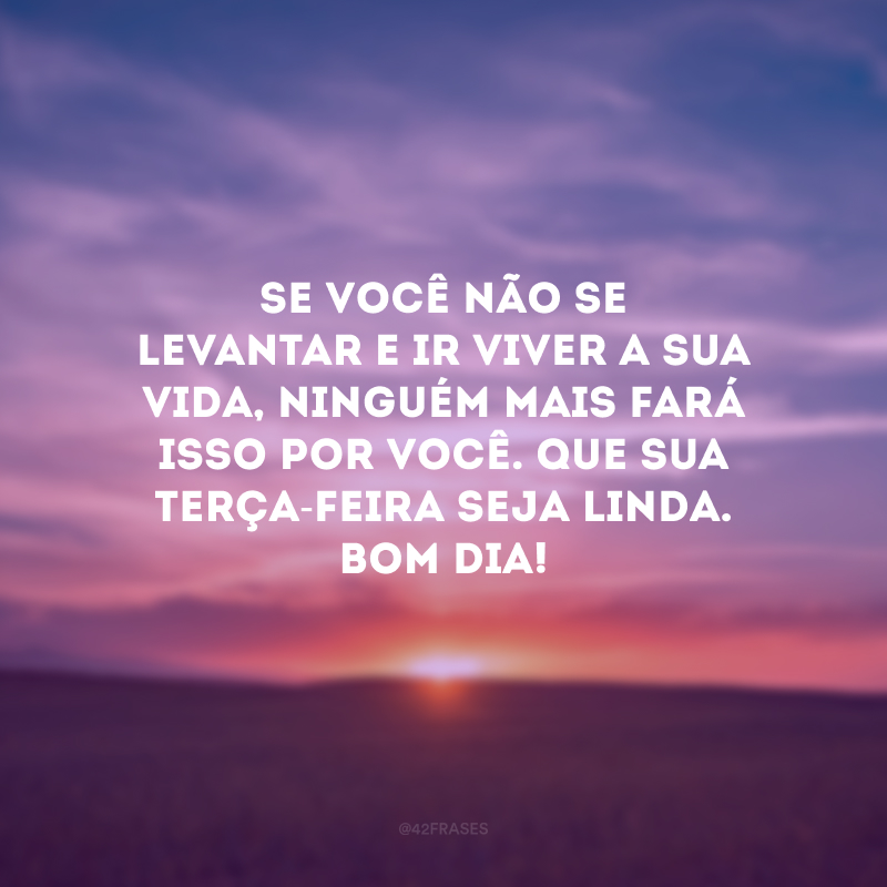 Se você não se levantar e ir viver a sua vida, ninguém mais fará isso por você. Que sua terça-feira seja linda. Bom dia!