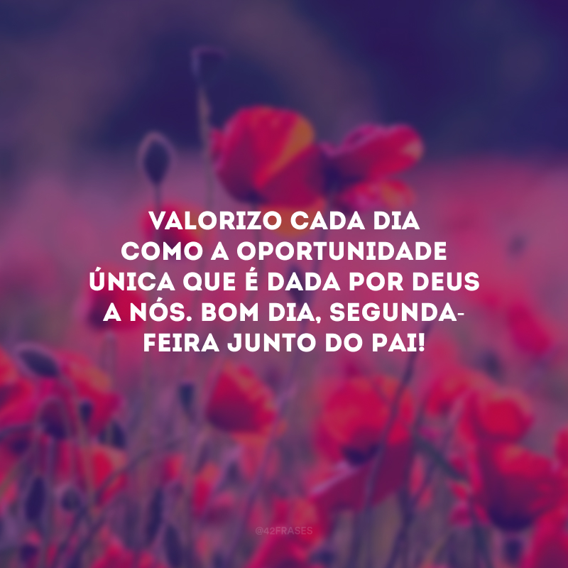 Valorizo cada dia como a oportunidade única que é dada por Deus a nós. Bom dia, segunda-feira junto do Pai!